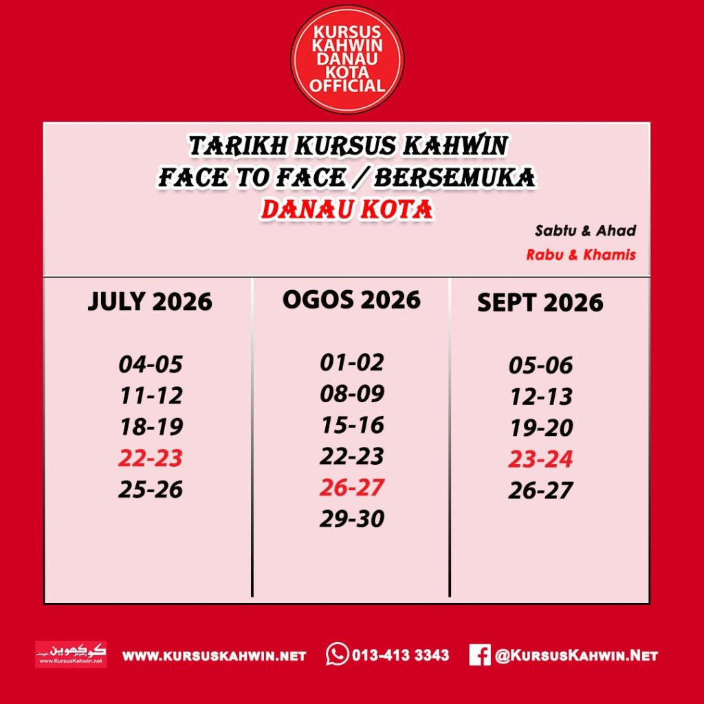 Tarikh kursus kahwin Setapak Danau Kota secara bersemuka untuk Julai Ogos dan September 2026