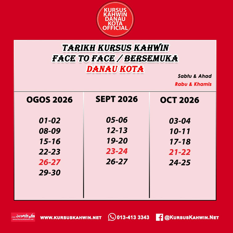 Tarikh kursus kahwin Setapak Danau Kota secara bersemuka untuk Ogos September dan Oktober 2026