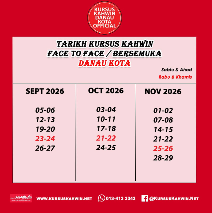 Tarikh kursus kahwin Setapak Danau Kota secara bersemuka untuk September Oktober dan November 2026