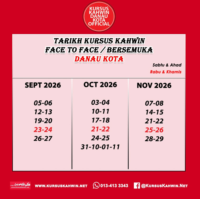 Tarikh kursus kahwin Setapak Danau Kota secara bersemuka untuk September Oktober dan November 2026